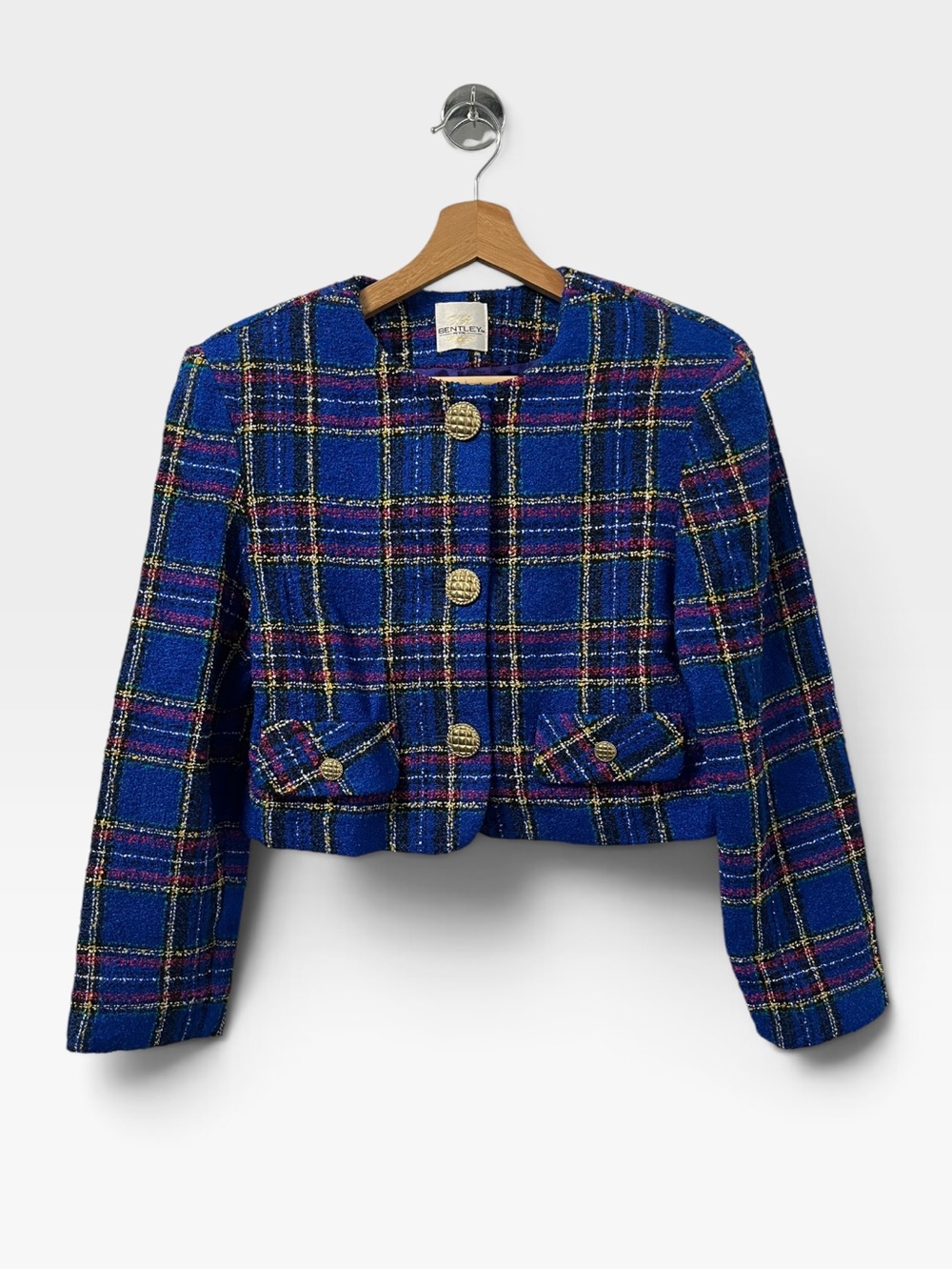Vintage Bentley Blue Tweed Cropped Jacket Petite S Wool Blend Tailored Preppy